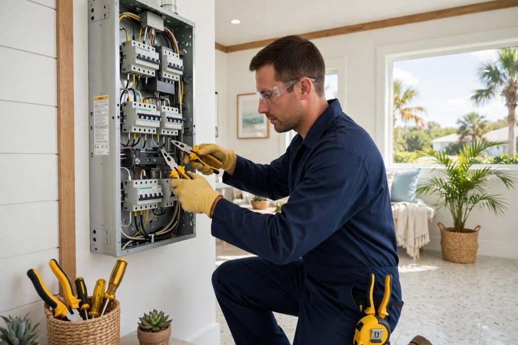 Electrician working on a residential electrical panel in a Fort Myers, FL home