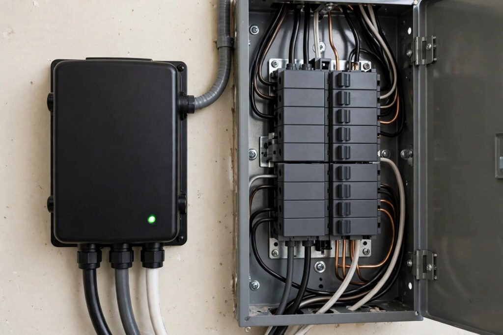 Whole-home surge protection device beside an electrical panel in Fort Myers, FL