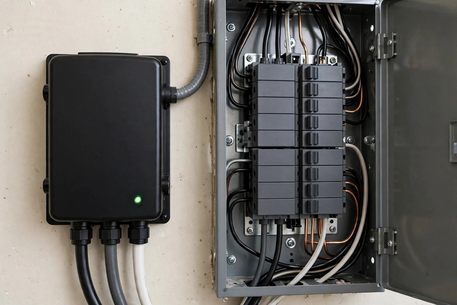 Whole-home surge protection device beside an electrical panel in Fort Myers, FL